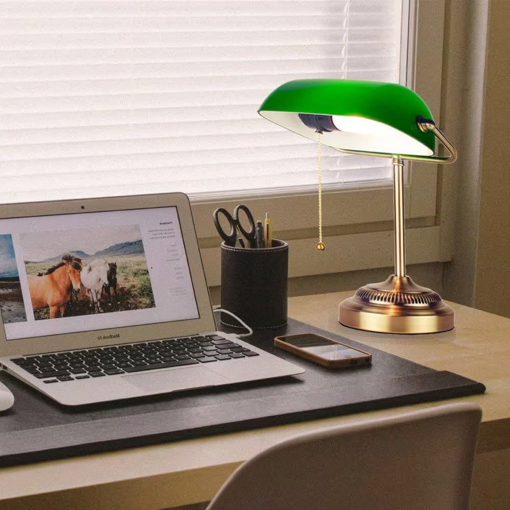 Classic Brass Bankers Lamp Desk Light Table Lamp with Green Glass Shade-2