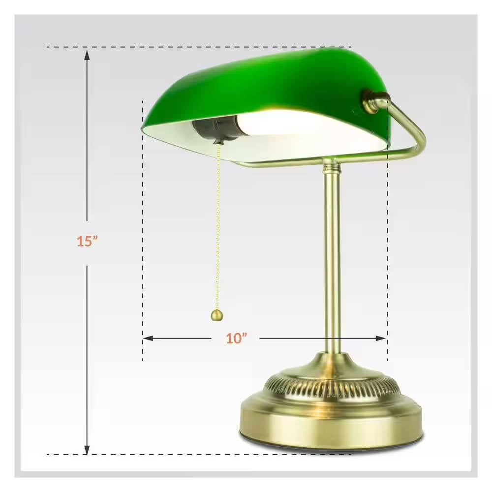 Classic Brass Bankers Lamp Desk Light Table Lamp with Green Glass Shade-4