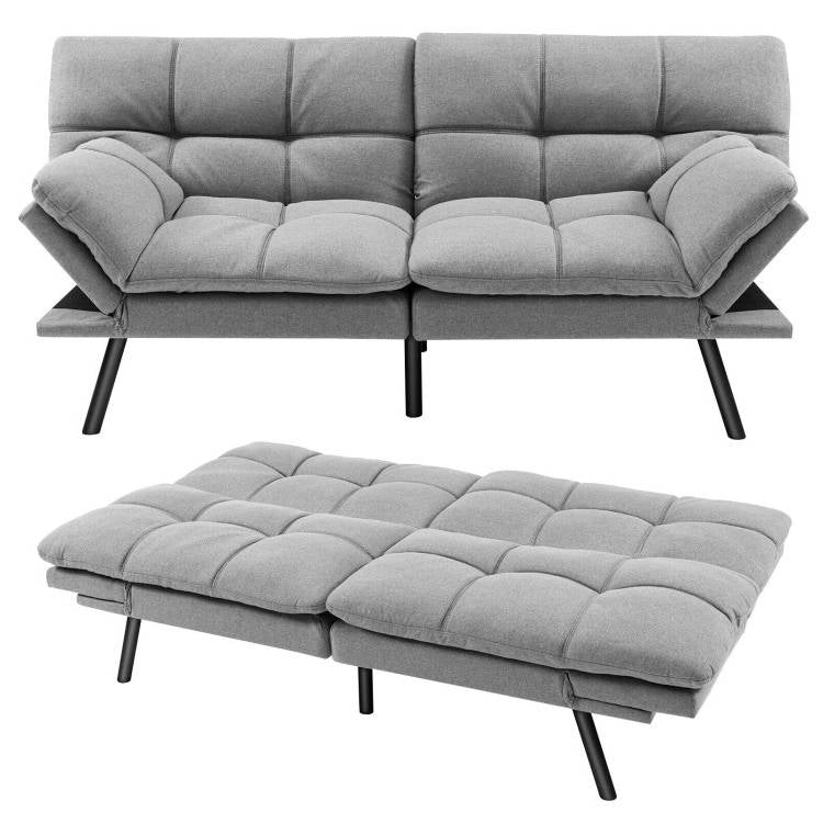 Modern Mid-Century Grey Imitation Linen Upholstered Futon Sleeper Sofa Bed-3