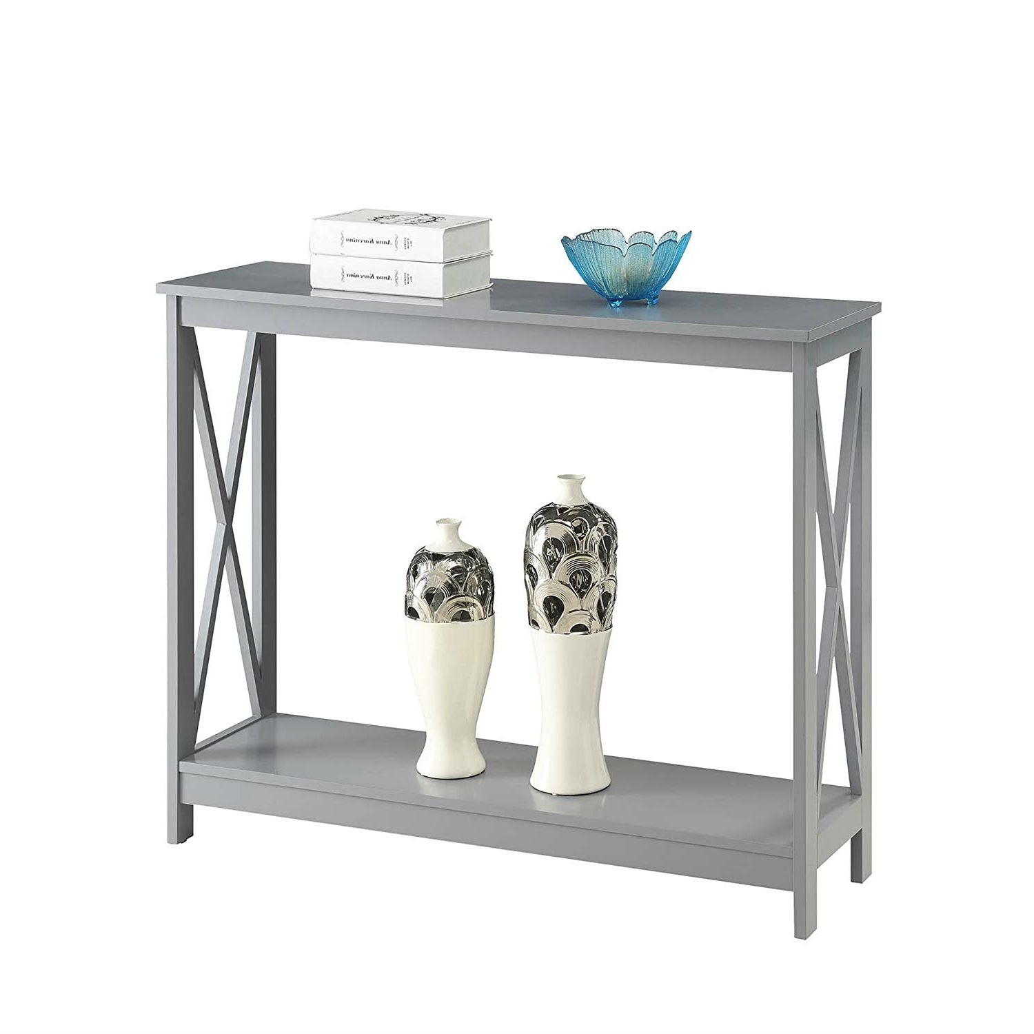 Grey Wood Console Sofa Table with Bottom Storage Shelf-0