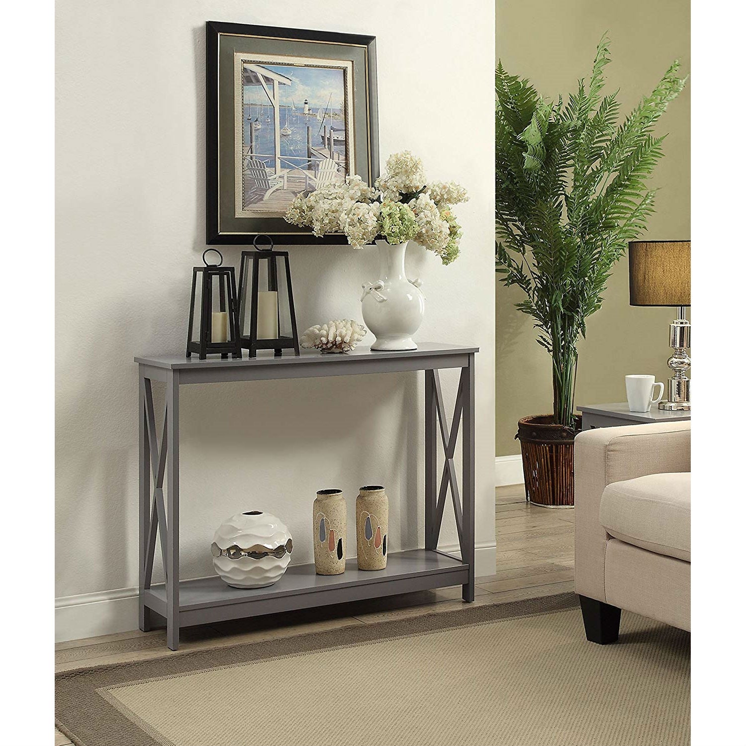 Grey Wood Console Sofa Table with Bottom Storage Shelf-2