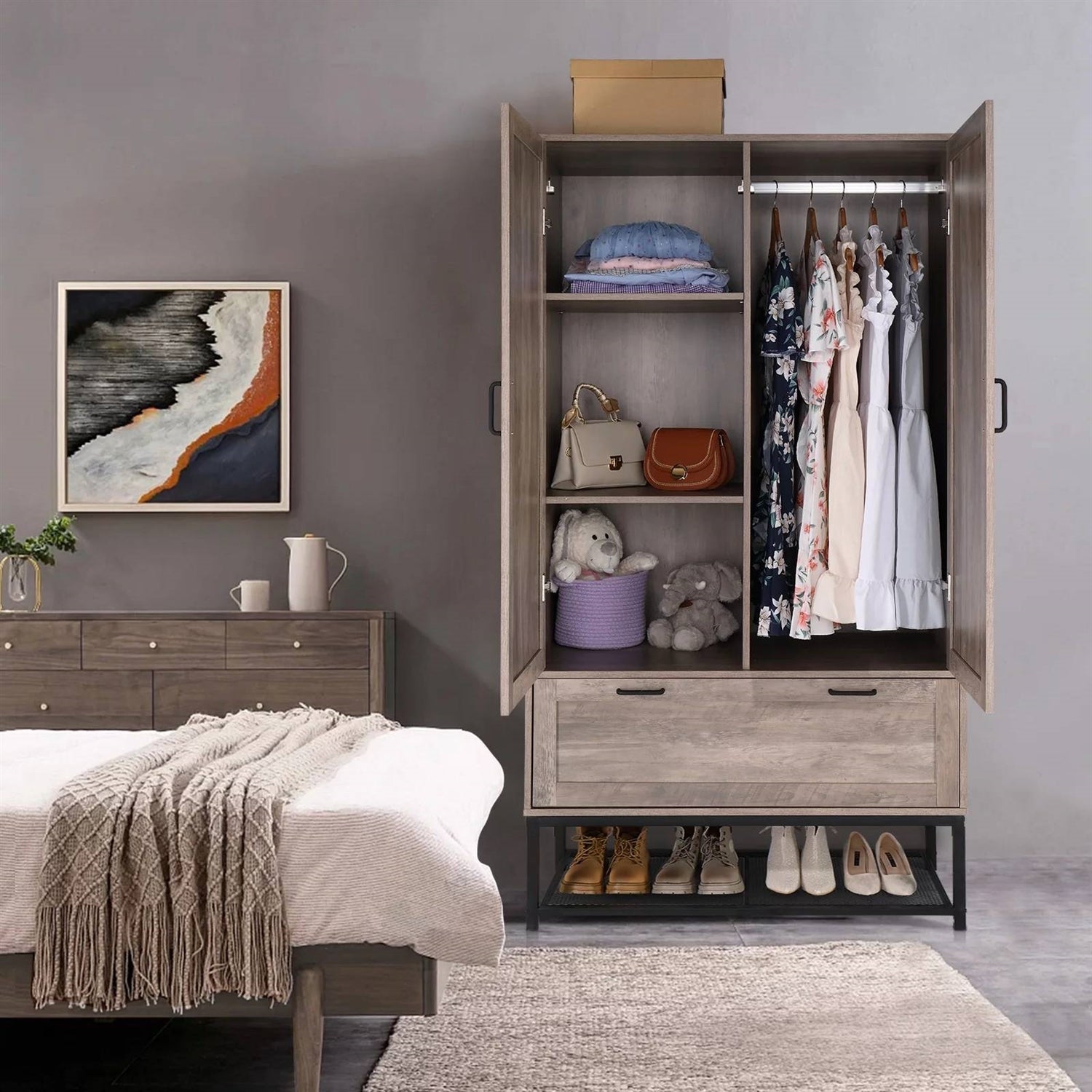 Modern 2-Door Bedroom Wardrobe Cabinet Armoire Shoe Rack in Retro Grey Finish-0