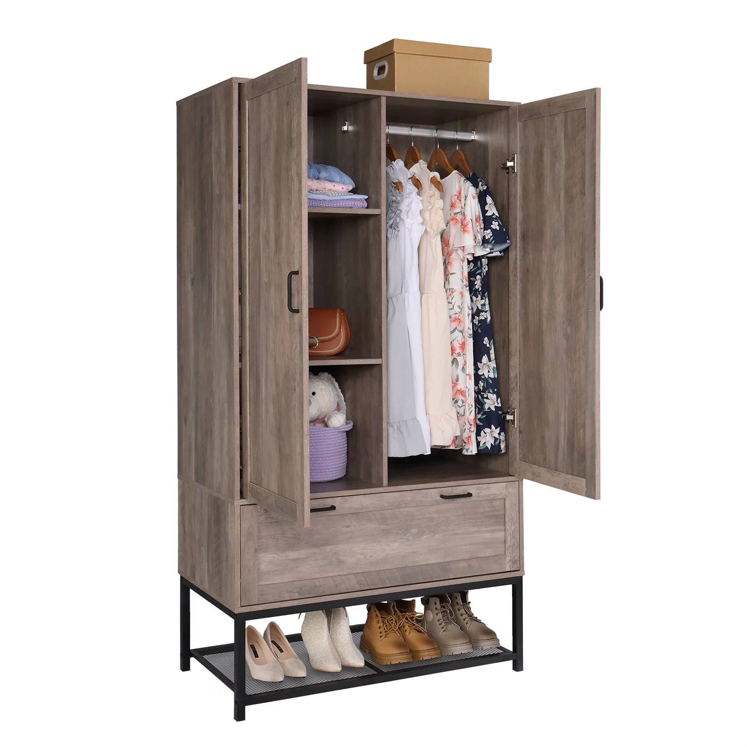 Modern 2-Door Bedroom Wardrobe Cabinet Armoire Shoe Rack in Retro Grey Finish-1