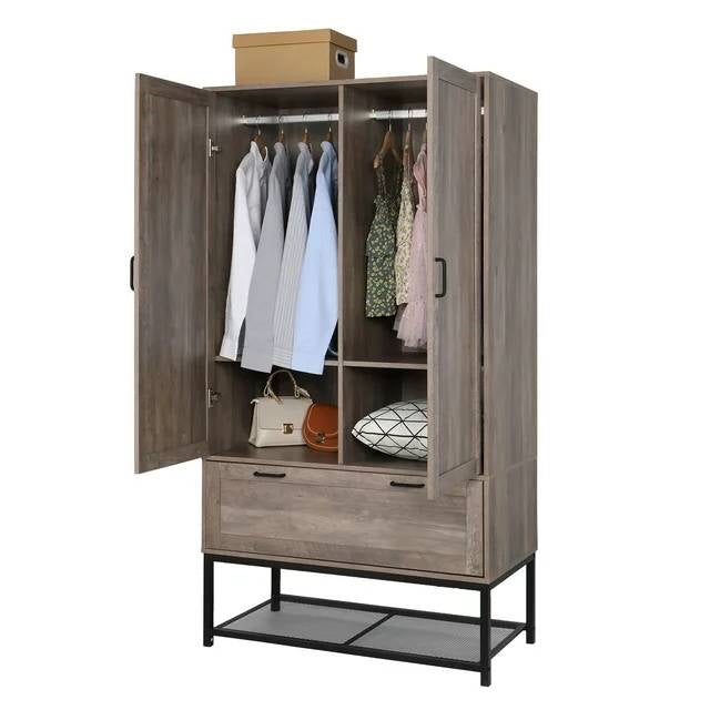 Modern 2-Door Bedroom Wardrobe Cabinet Armoire Shoe Rack in Retro Grey Finish-3