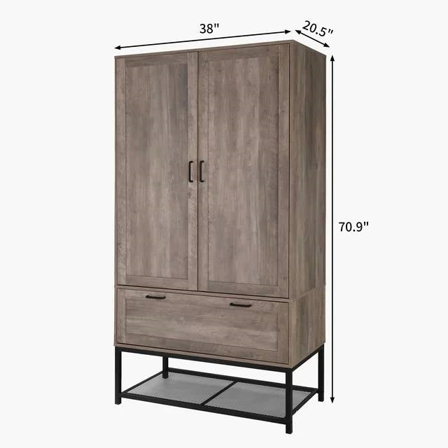 Modern 2-Door Bedroom Wardrobe Cabinet Armoire Shoe Rack in Retro Grey Finish-4