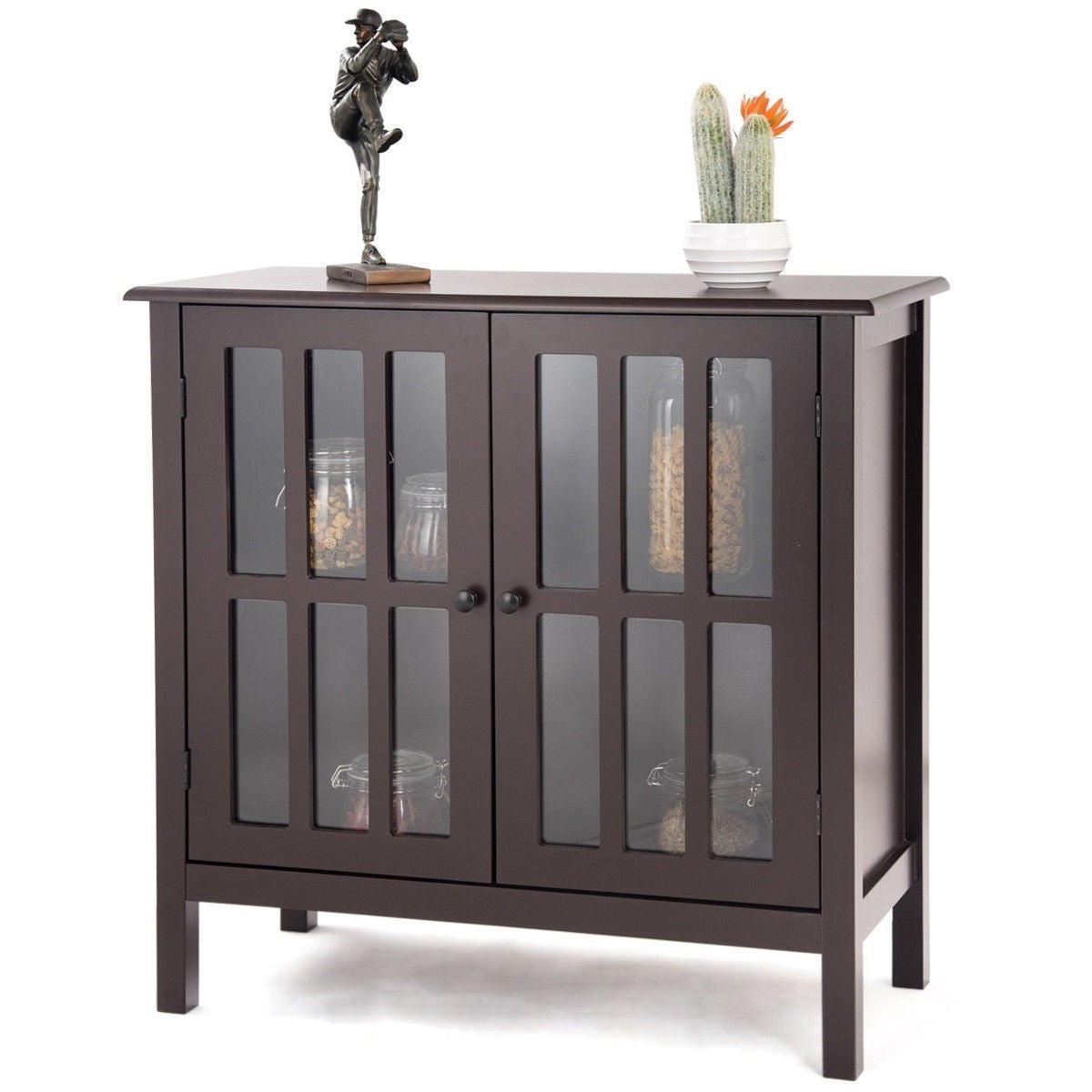 Brown Wood Sideboard Buffet Cabinet with Glass Panel Doors-0