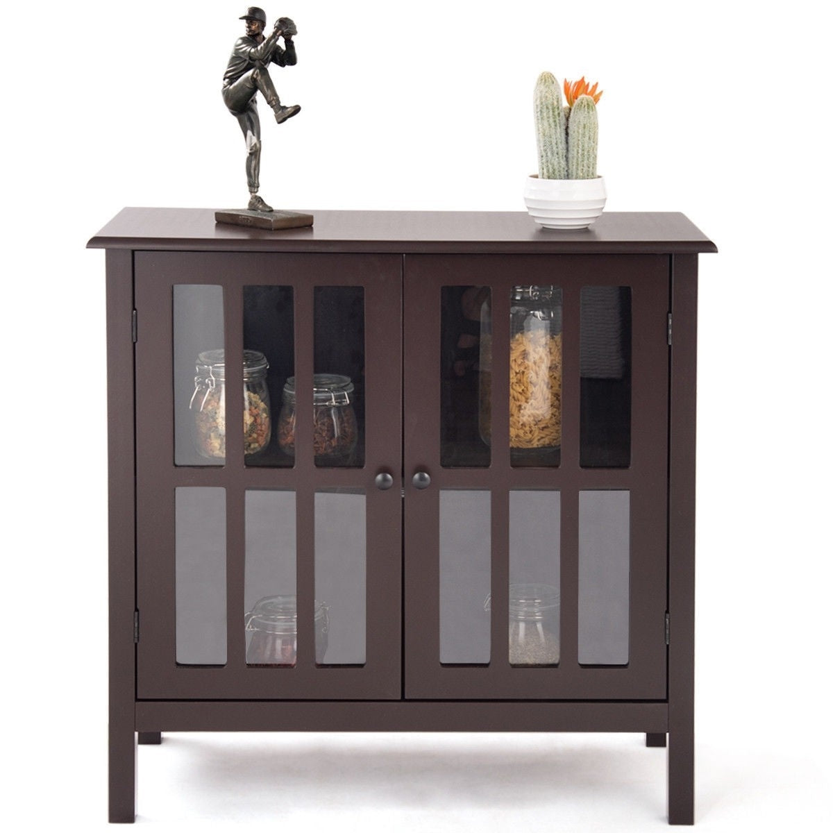 Brown Wood Sideboard Buffet Cabinet with Glass Panel Doors-1