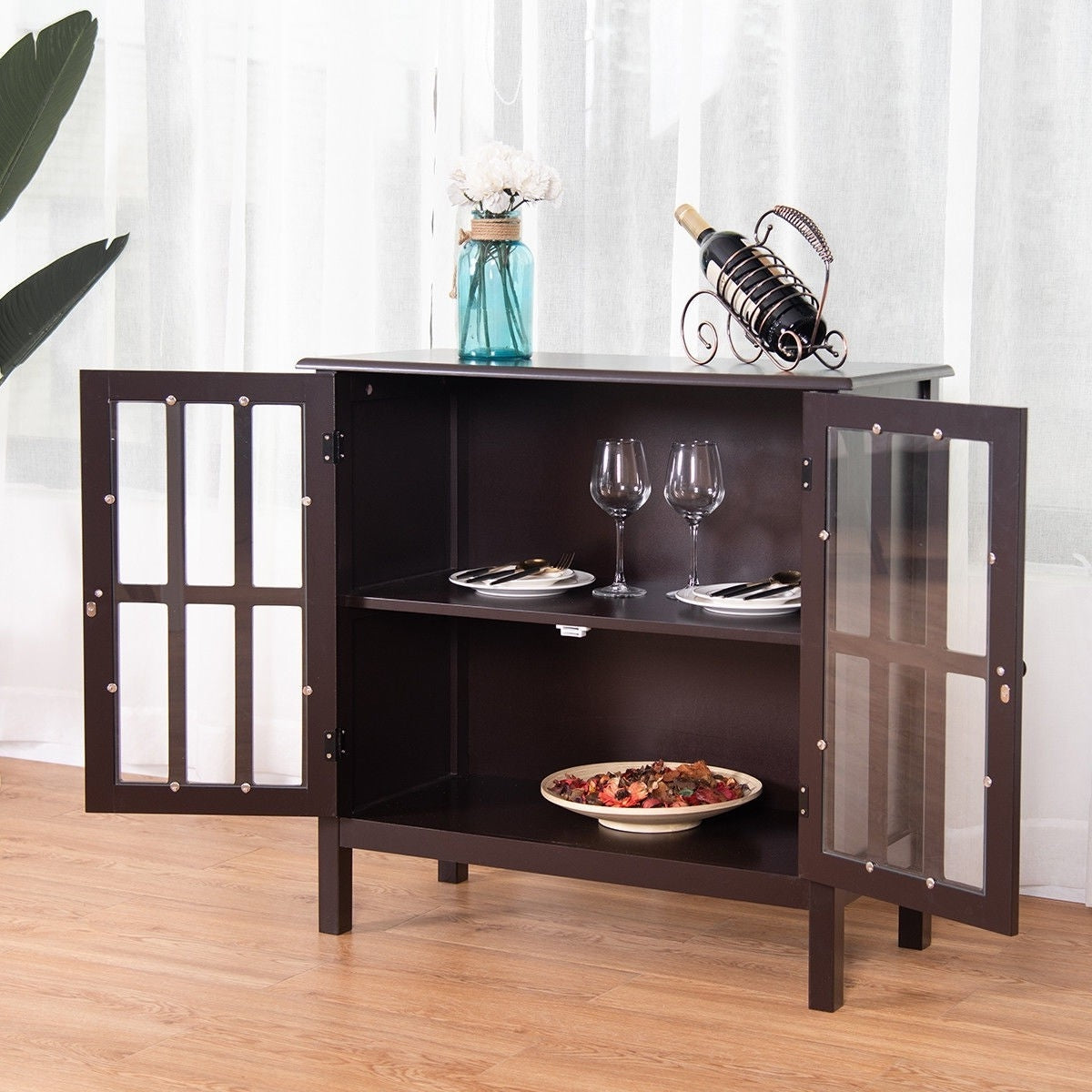 Brown Wood Sideboard Buffet Cabinet with Glass Panel Doors-4