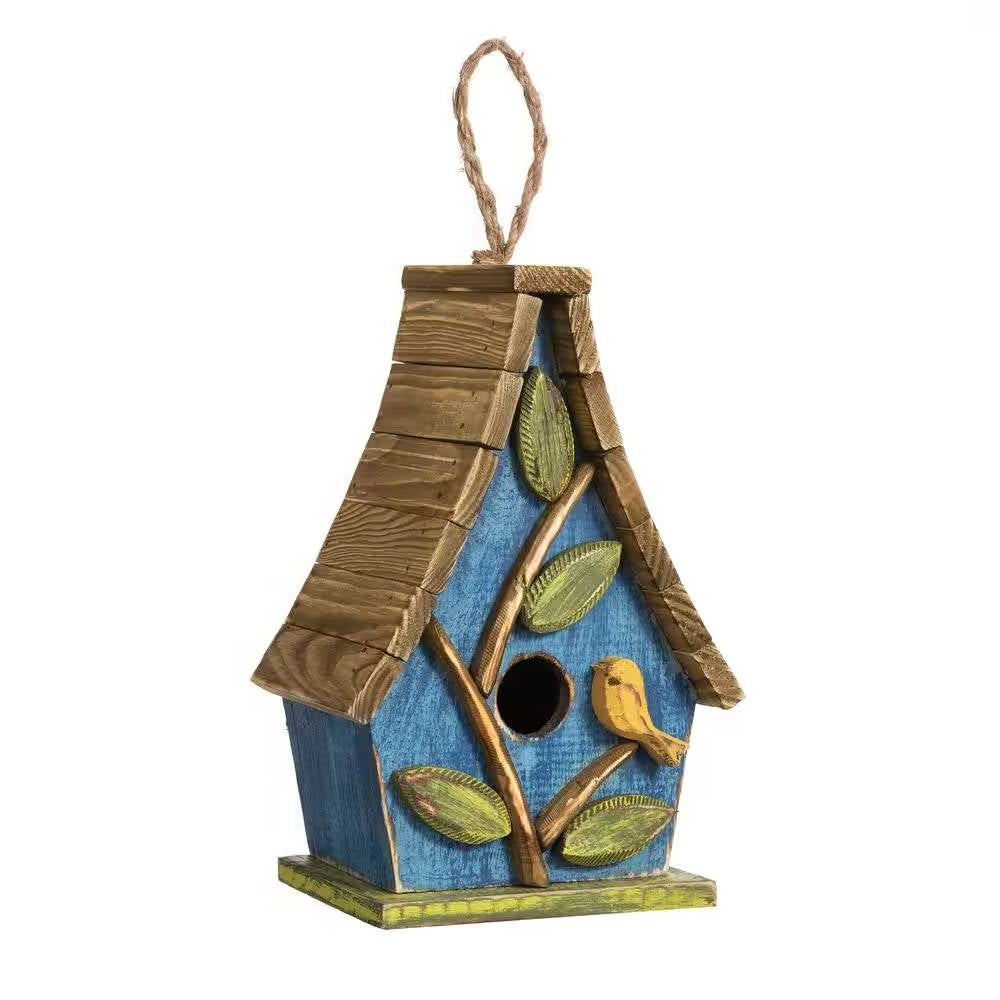 Farmhouse Solid Wood Hanging Birdhouse in Blue Green Yellow Brown-0