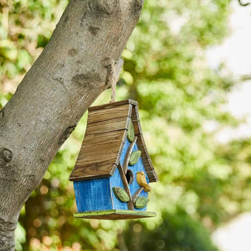 Farmhouse Solid Wood Hanging Birdhouse in Blue Green Yellow Brown-2