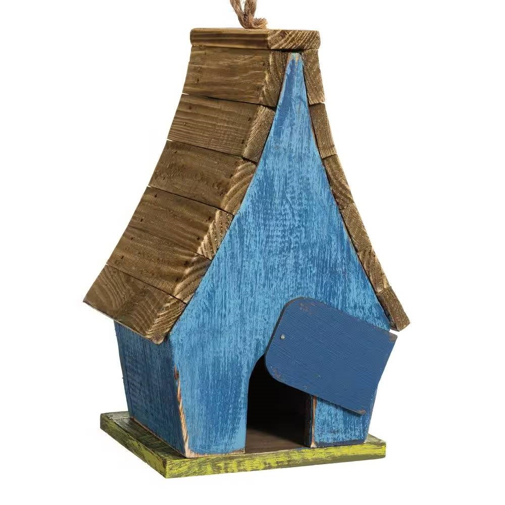 Farmhouse Solid Wood Hanging Birdhouse in Blue Green Yellow Brown-3