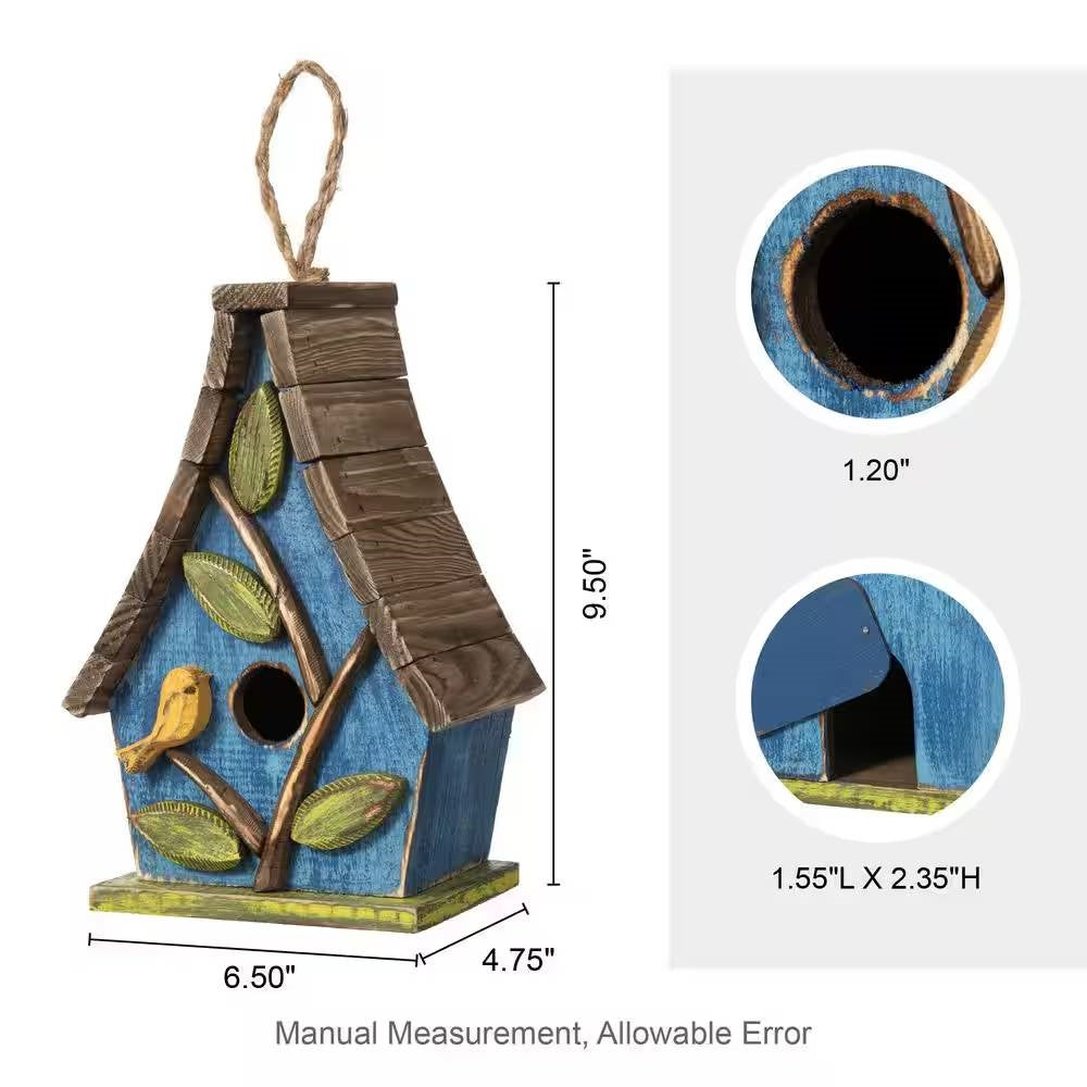 Farmhouse Solid Wood Hanging Birdhouse in Blue Green Yellow Brown-4