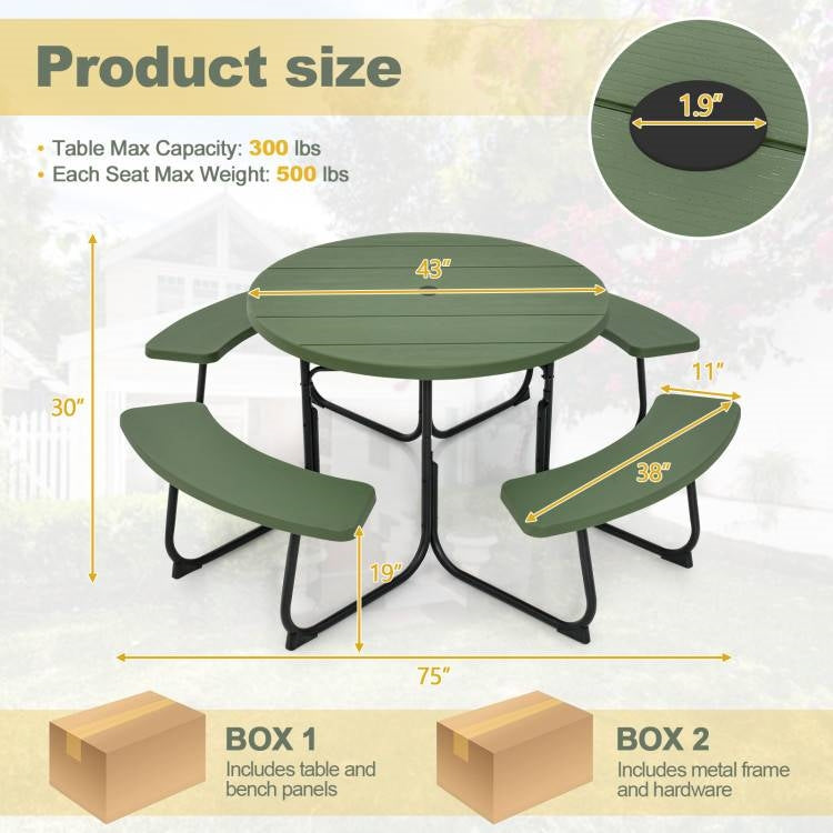 Green All Weather 8 Seater Picnic Table Umbrella Hole-2