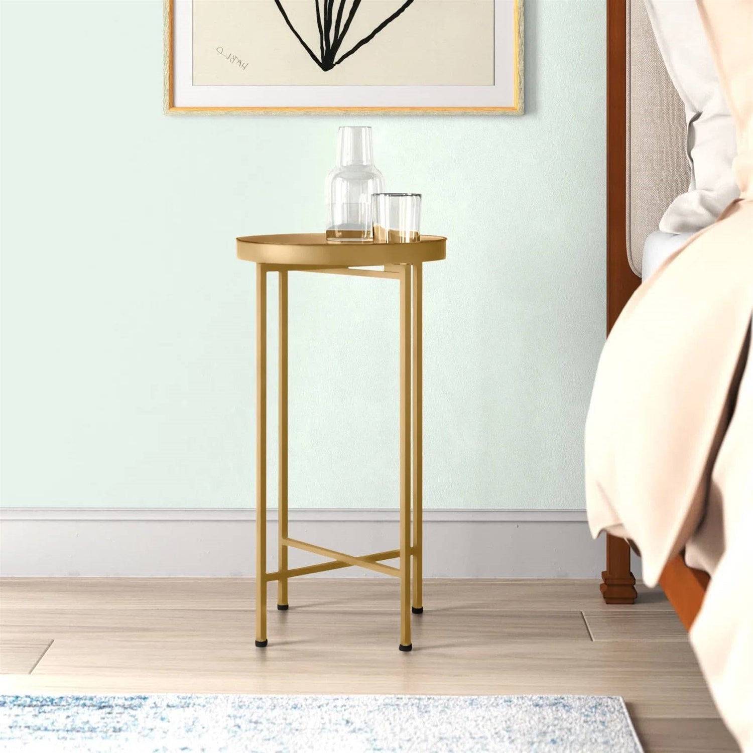 Classic Gold Finish Metal Round End Table Nightstand with Removable Tray Top-0