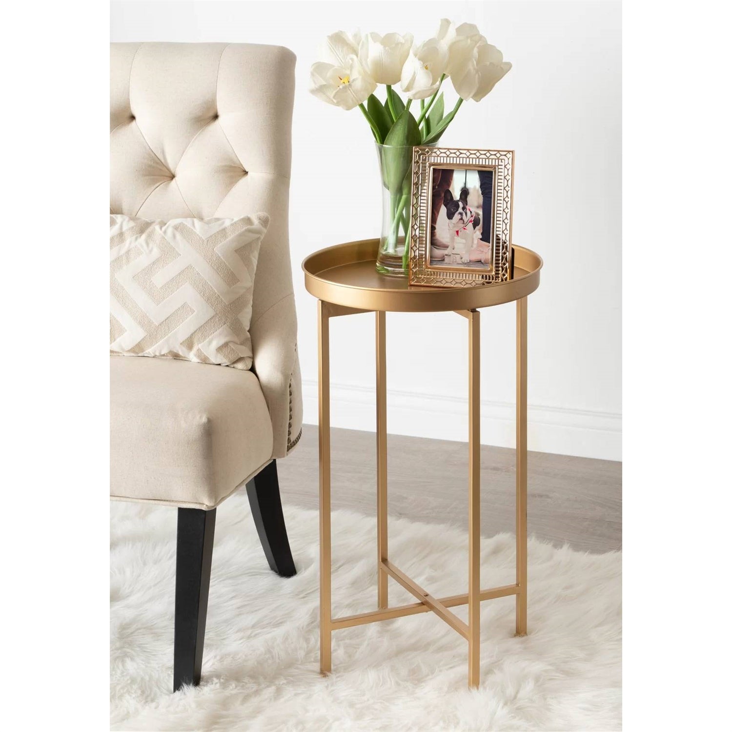 Classic Gold Finish Metal Round End Table Nightstand with Removable Tray Top-1