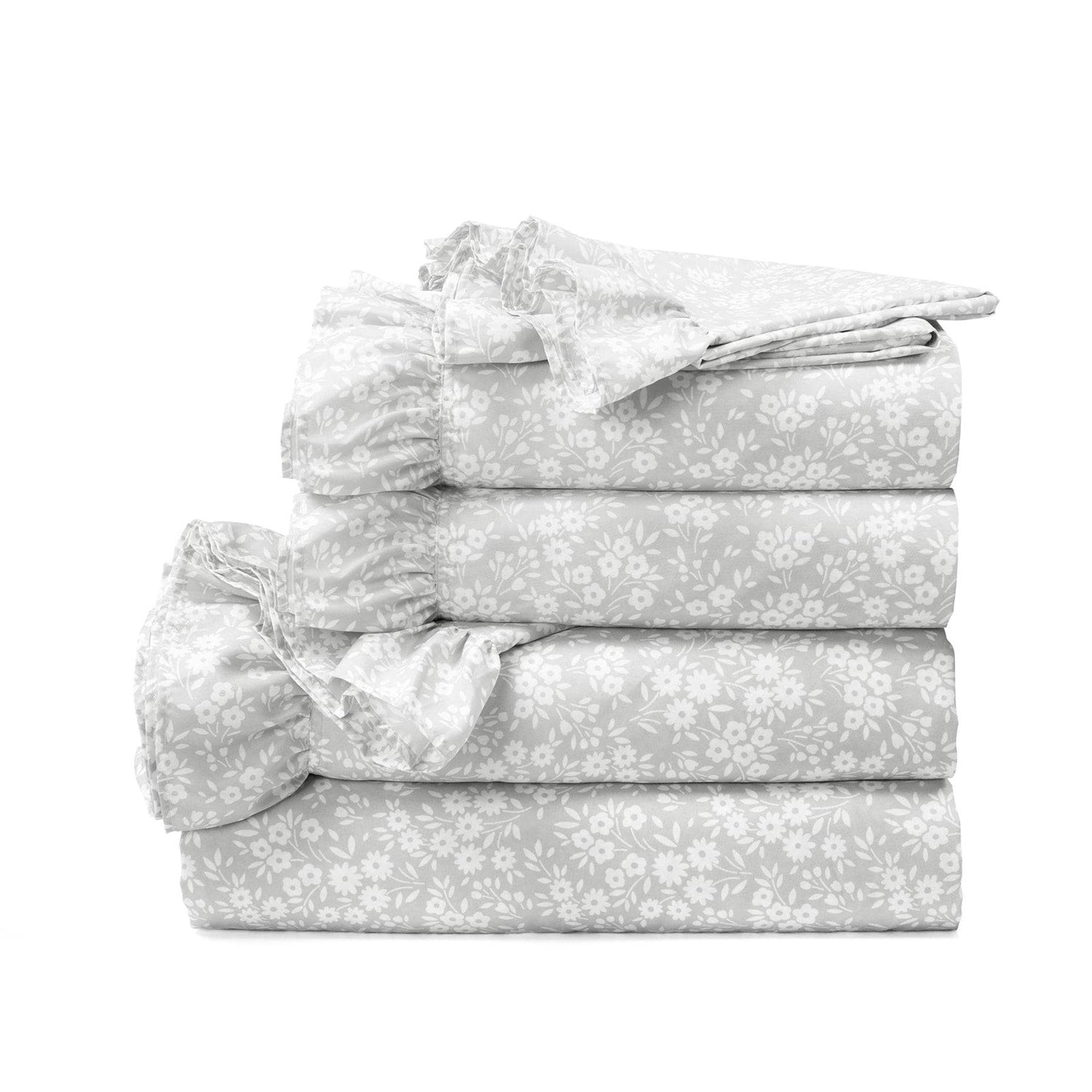 Queen size Grey Ruffle Floral Polyester 6 Piece Sheet Set-0