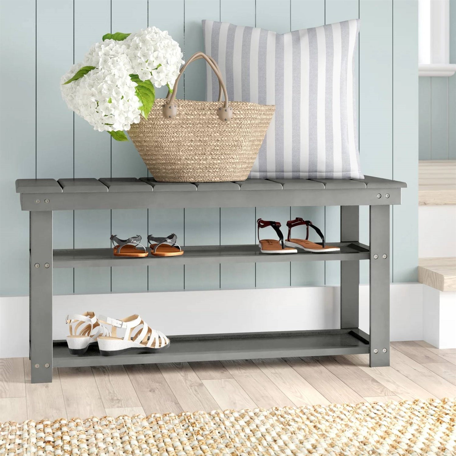 Grey Wood 2-Shelf Shoe Rack Storage Bench For Entryway or Closet-0