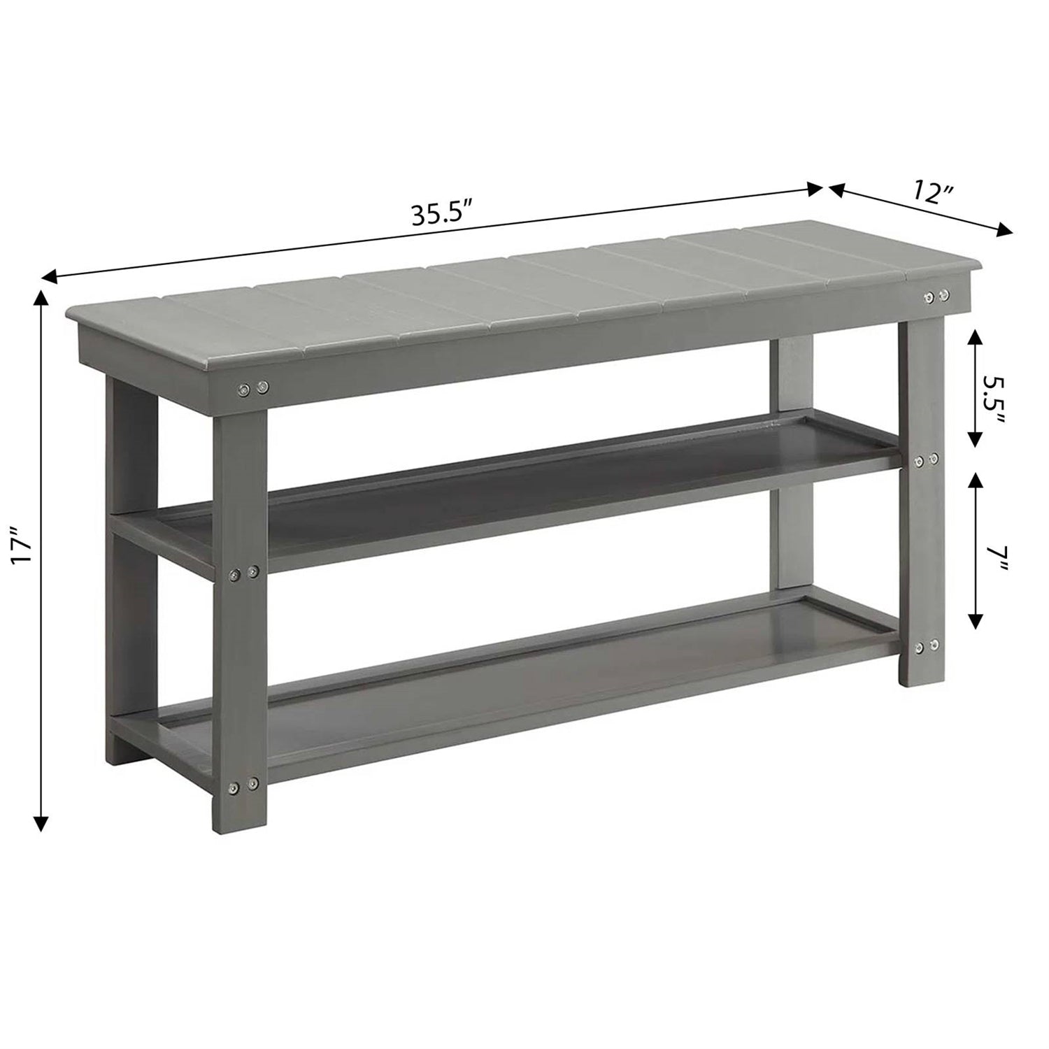 Grey Wood 2-Shelf Shoe Rack Storage Bench For Entryway or Closet-4