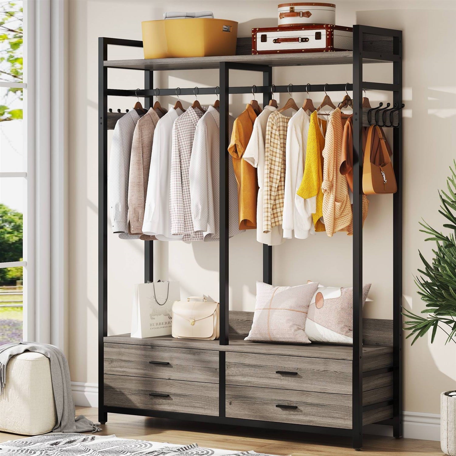 Modern Grey Black Garment Rack with Clothes Hanging Rod and 4 Storage Drawers-1