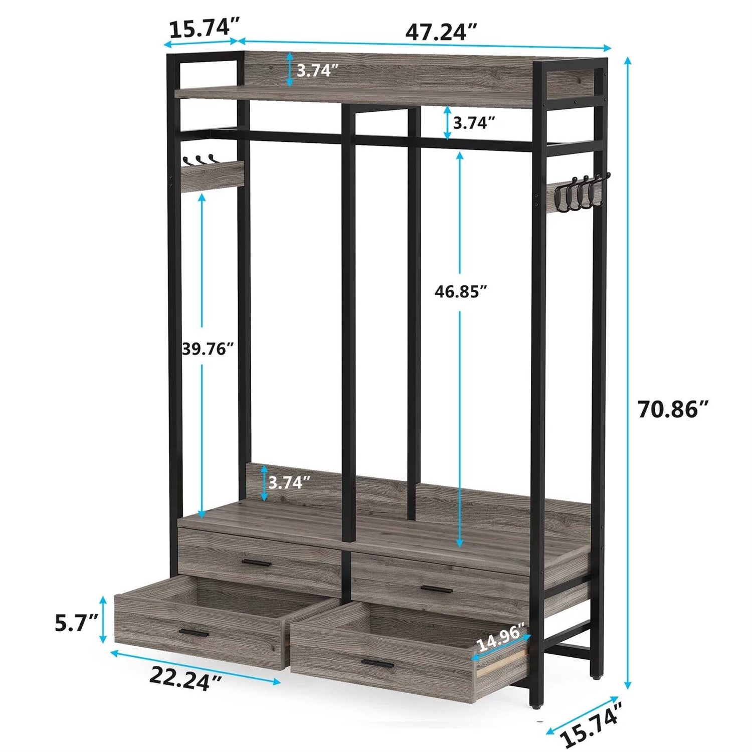 Modern Grey Black Garment Rack with Clothes Hanging Rod and 4 Storage Drawers-4