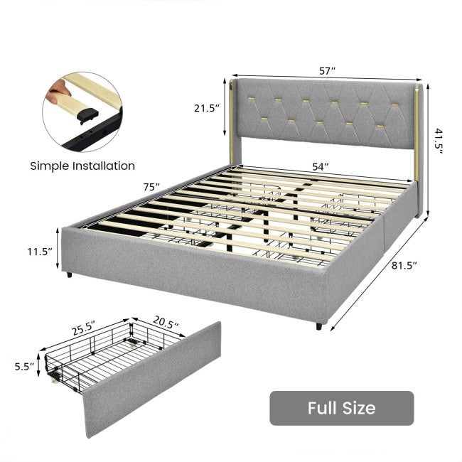 Full Size Grey/Gold Linen Headboard 4 Drawer Storage Platform Bed-4