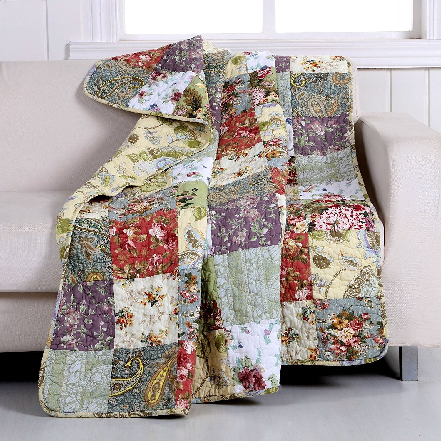 Red Green Blue Purple Yellow White 100-Percent Cotton Floral Patchwork Quilt Throw Blanket-0