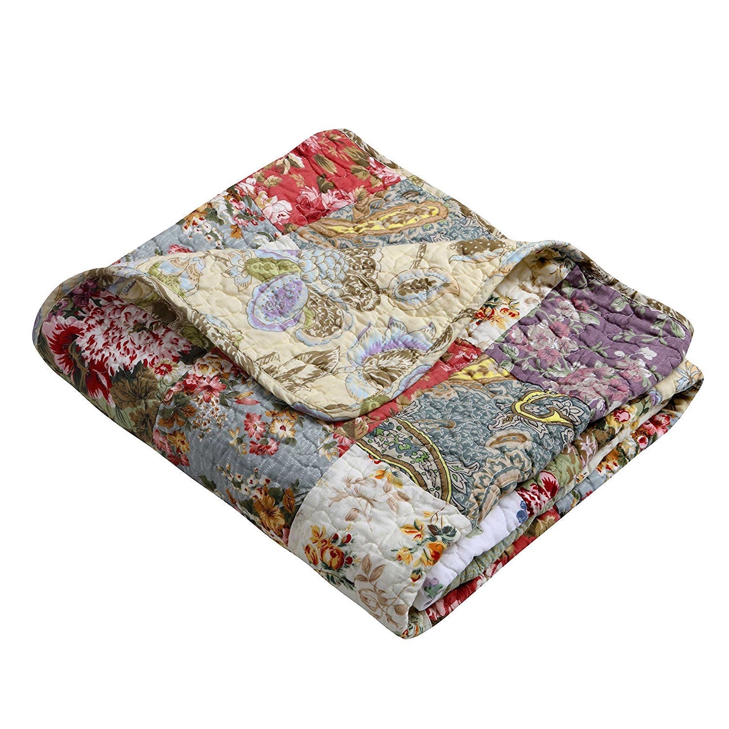 Red Green Blue Purple Yellow White 100-Percent Cotton Floral Patchwork Quilt Throw Blanket-1