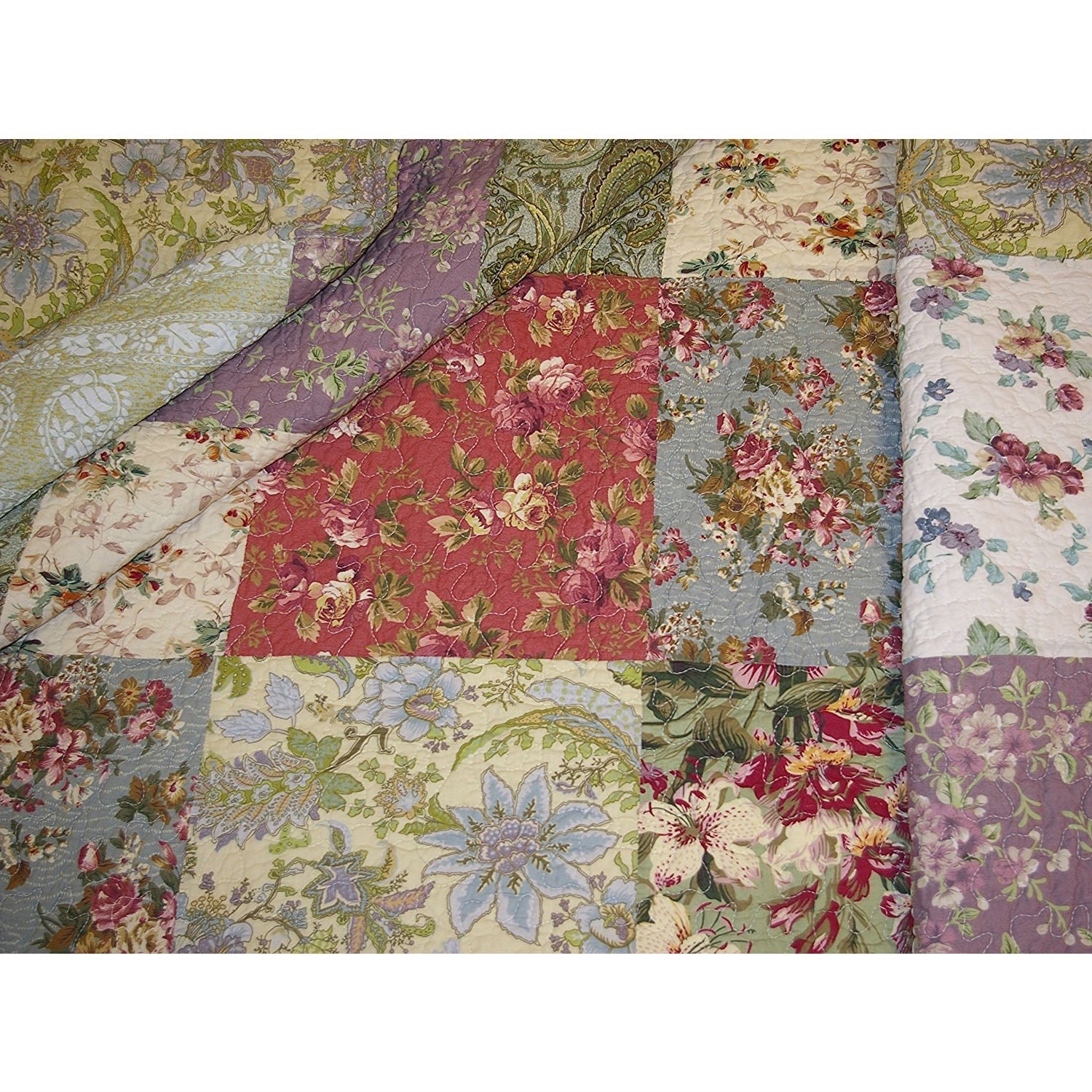 Red Green Blue Purple Yellow White 100-Percent Cotton Floral Patchwork Quilt Throw Blanket-2