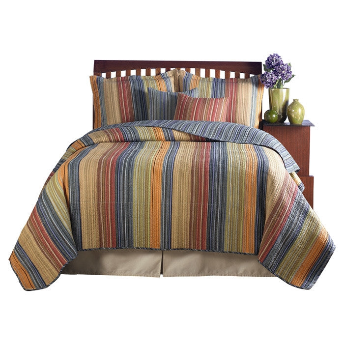 Full / Queen 100% Cotton Quilt Set with Red Orange Blue Brown Stripes-1