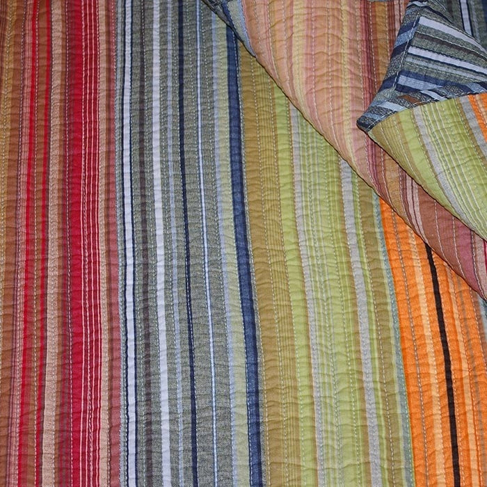 Full / Queen 100% Cotton Quilt Set with Red Orange Blue Brown Stripes-2