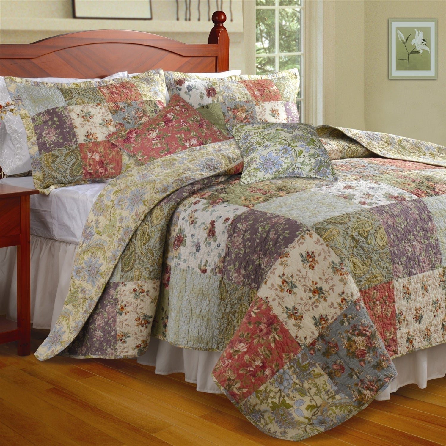 King size 100% Cotton Floral Quilt Set with 2 Shams and 2 Pillows-0