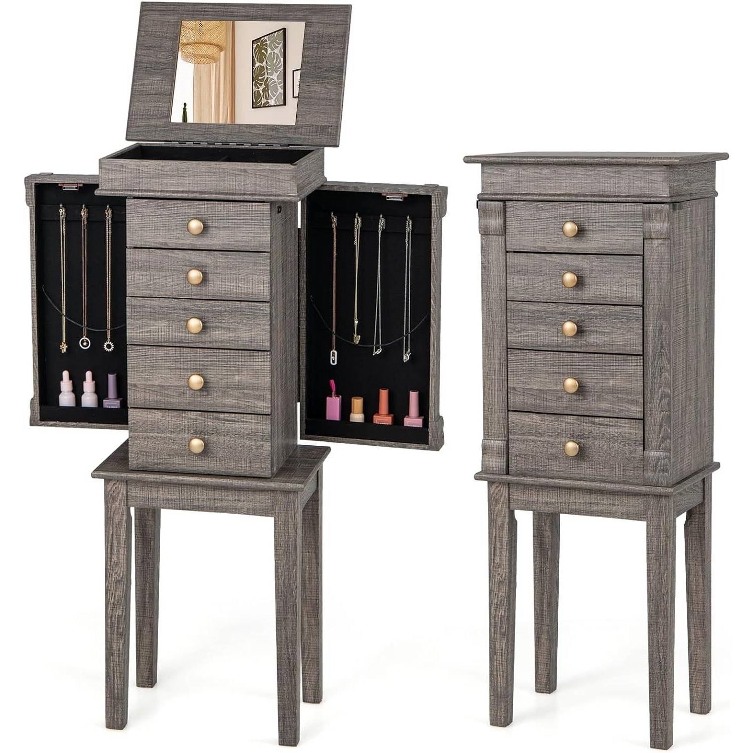 5-Drawer Jewelry Armoire Cabinet with Top Mirror in Grey Wood Finish-0