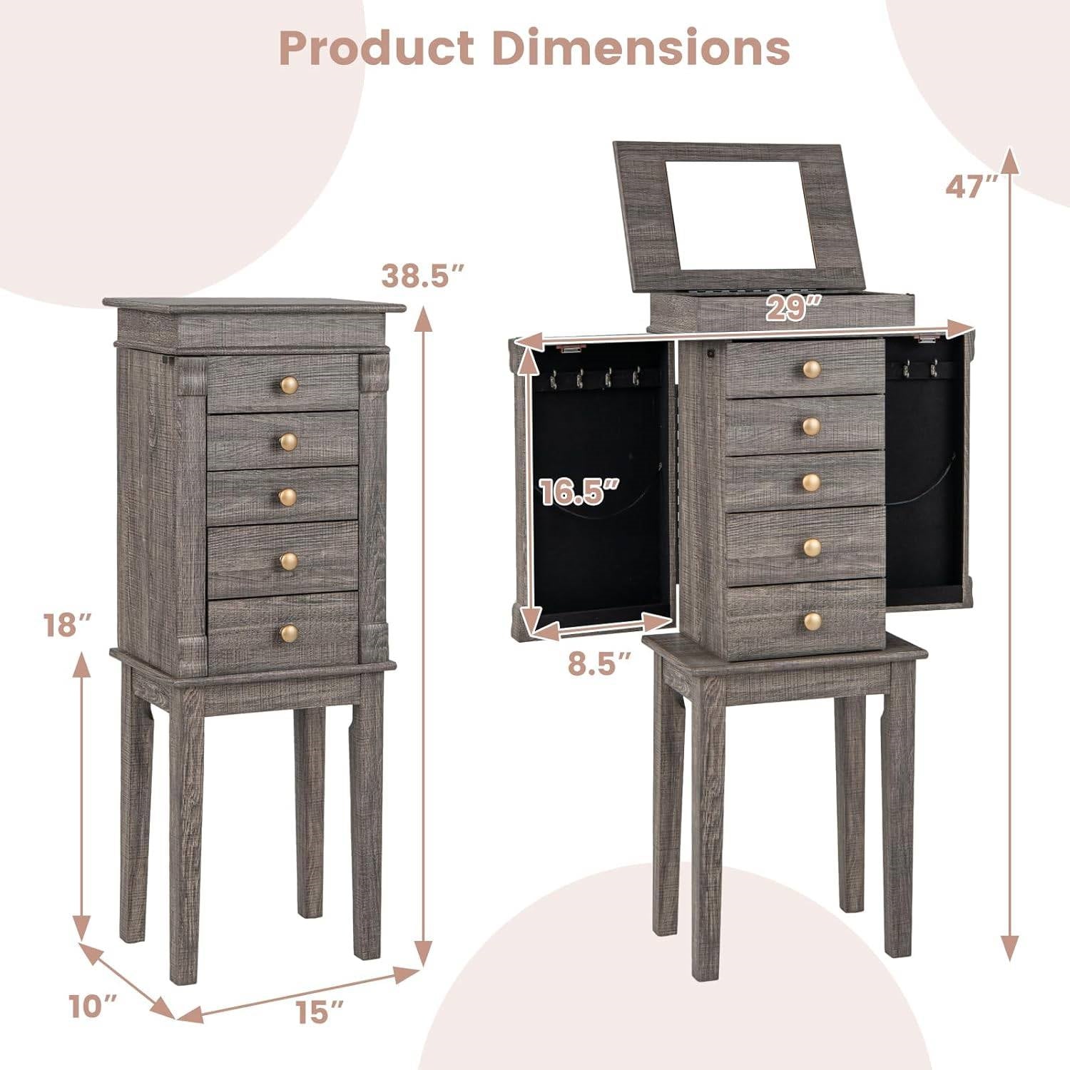 5-Drawer Jewelry Armoire Cabinet with Top Mirror in Grey Wood Finish-4