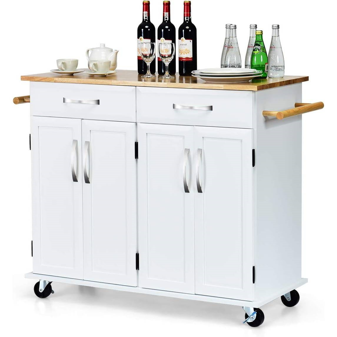 White Kitchen Cart Island with Wood Top 2 Drawers and Bottom Storage Cabinet-0