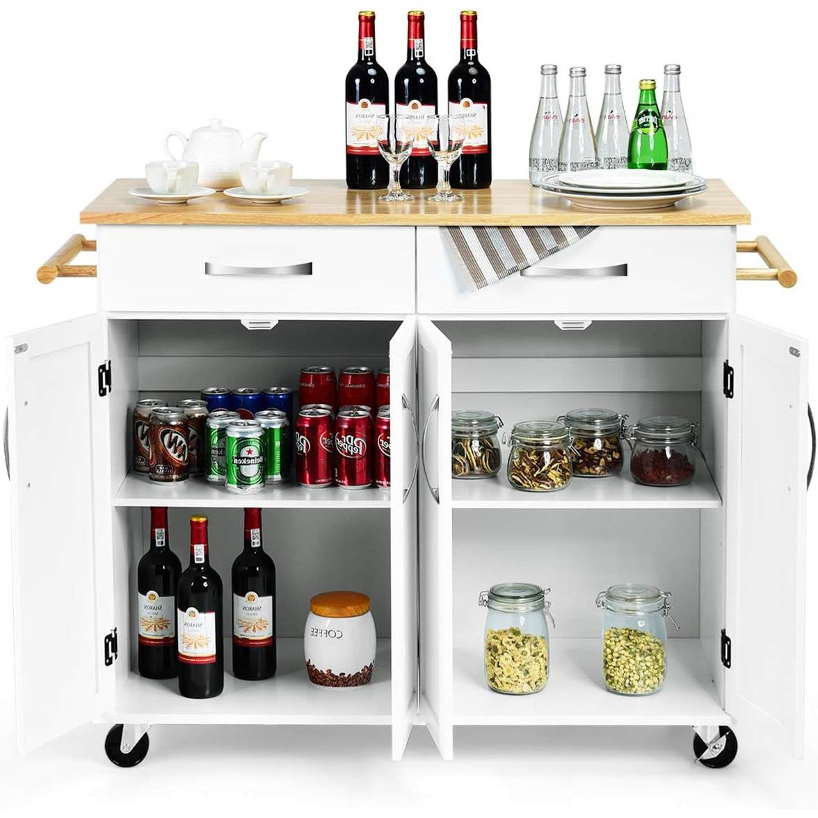 White Kitchen Cart Island with Wood Top 2 Drawers and Bottom Storage Cabinet-3