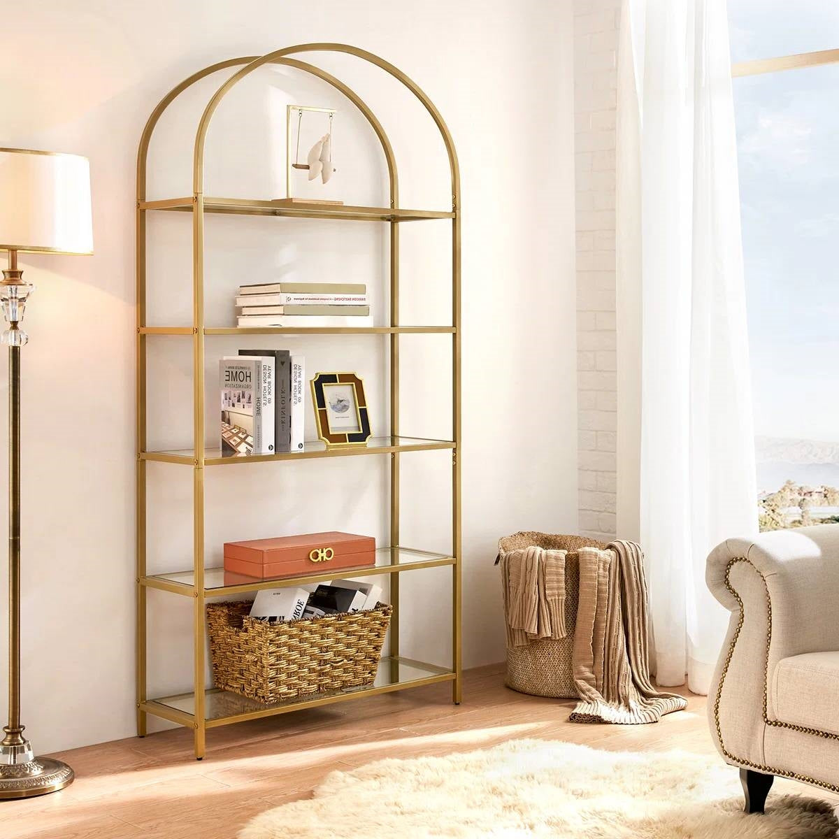 Modern Gold Metal Arched Top Display Rack Bookcase with 5 Glass Storage Shelves-2
