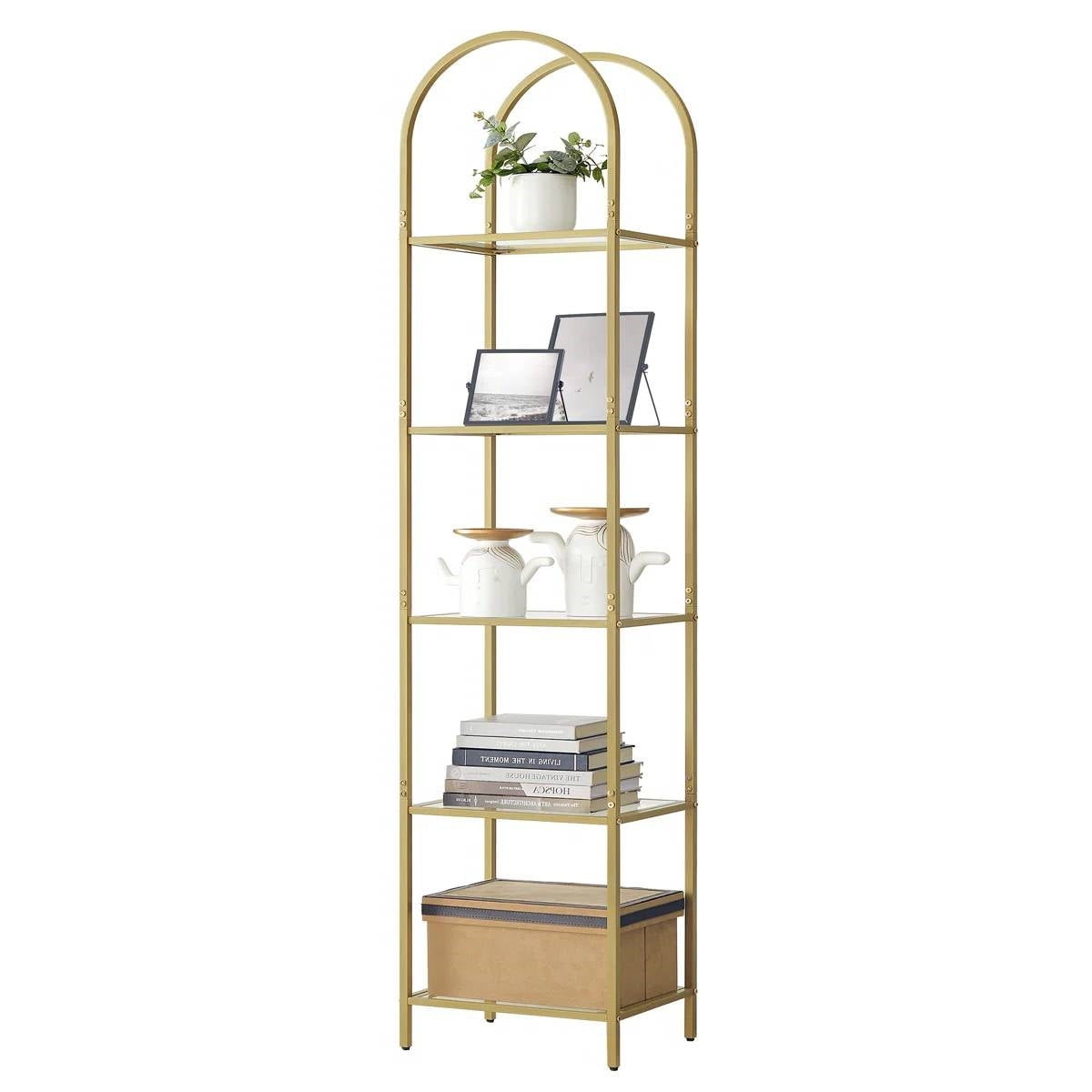 Arched Top Gold Metal Display Rack Narrow Bookcase with 5 Glass Storage Shelves-0