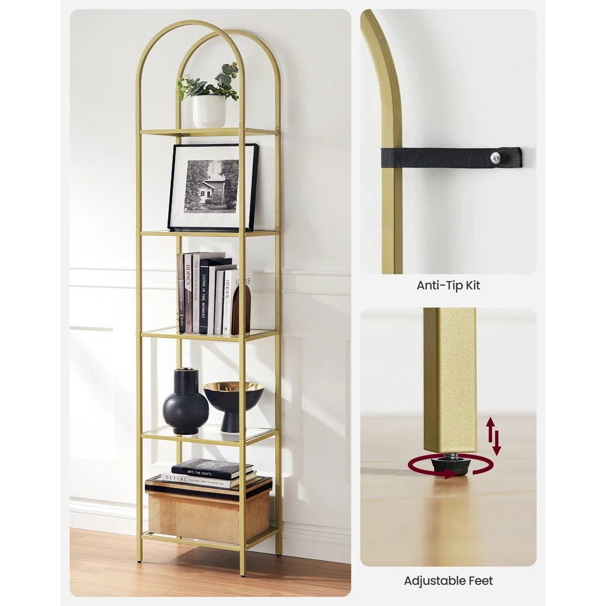 Arched Top Gold Metal Display Rack Narrow Bookcase with 5 Glass Storage Shelves-3