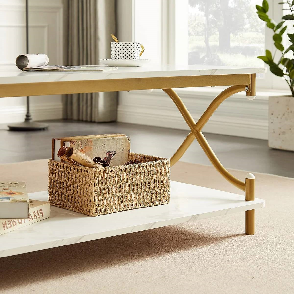 White Faux Marble Coffee Table with Gold Metal Frame and Bottom Storage Shelf-2