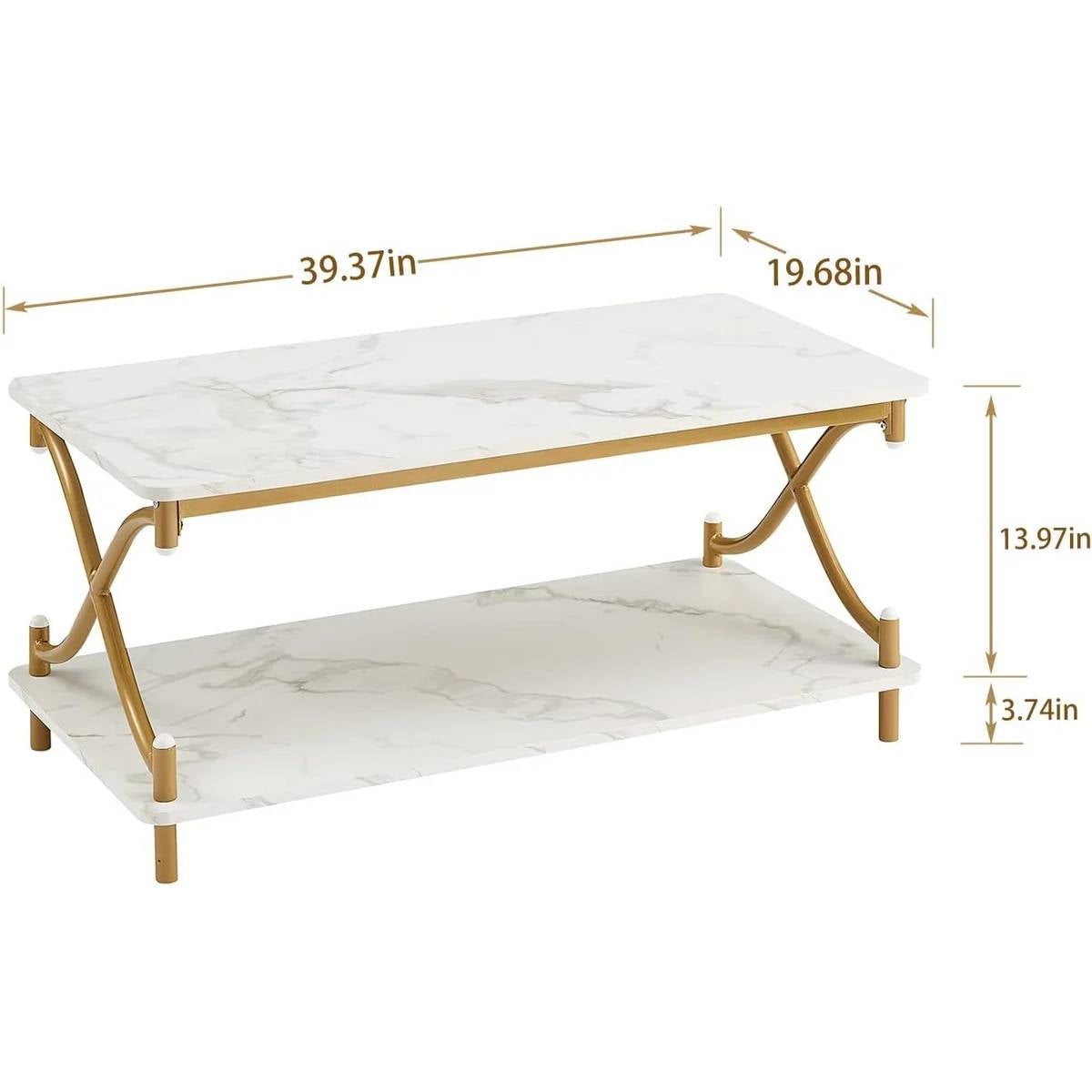 White Faux Marble Coffee Table with Gold Metal Frame and Bottom Storage Shelf-4
