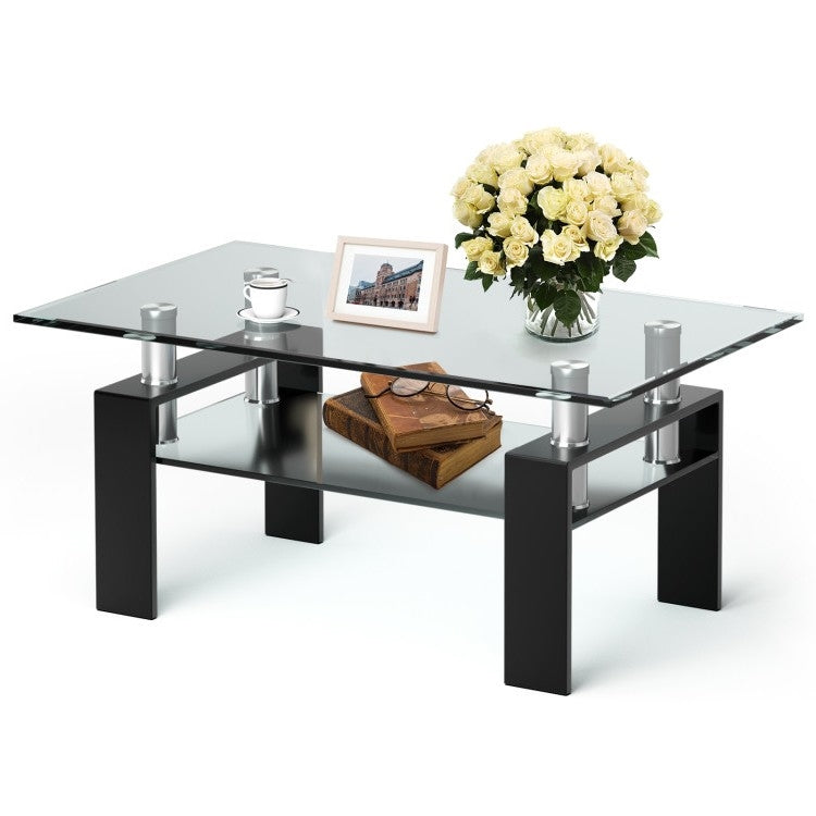 Modern 2 Tier Glass Coffee Table with Black Metal Legs-0