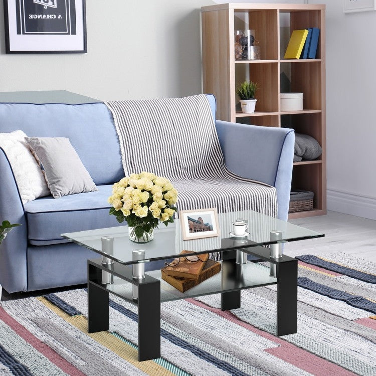 Modern 2 Tier Glass Coffee Table with Black Metal Legs-1