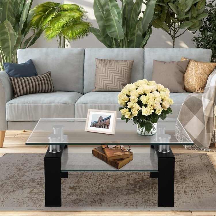 Modern 2 Tier Glass Coffee Table with Black Metal Legs-2