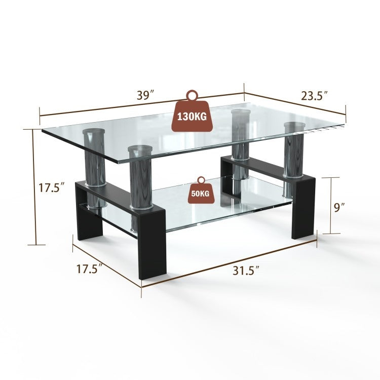 Modern 2 Tier Glass Coffee Table with Black Metal Legs-4