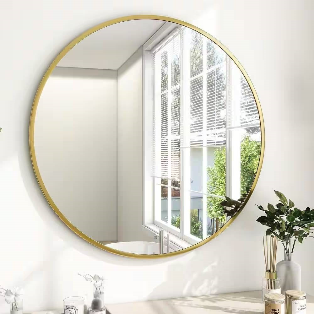 Round 30-inch Circular Bathroom Wall Mirror with Gold Frame-0