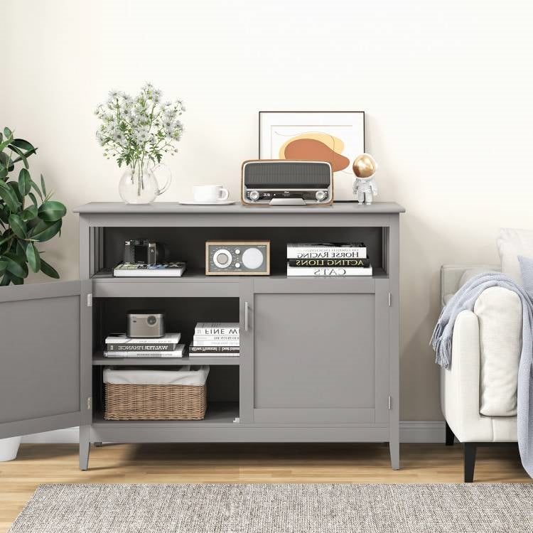 Grey Wood 2-Door Dining Buffet Sideboard Cabinet with Open Storage Shelf-3