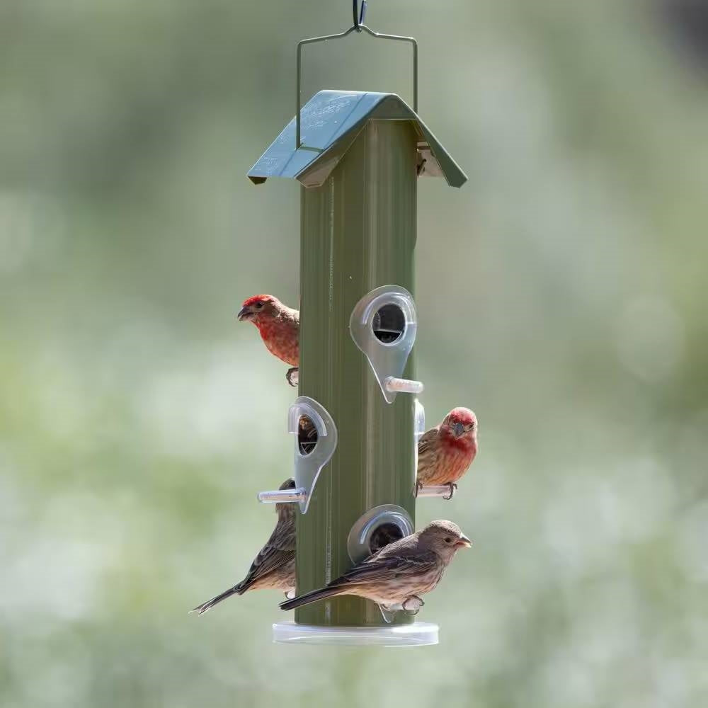 Outdoor Patio Garden 6-Perch Olive Green Metal Tube Bird Feeder-3