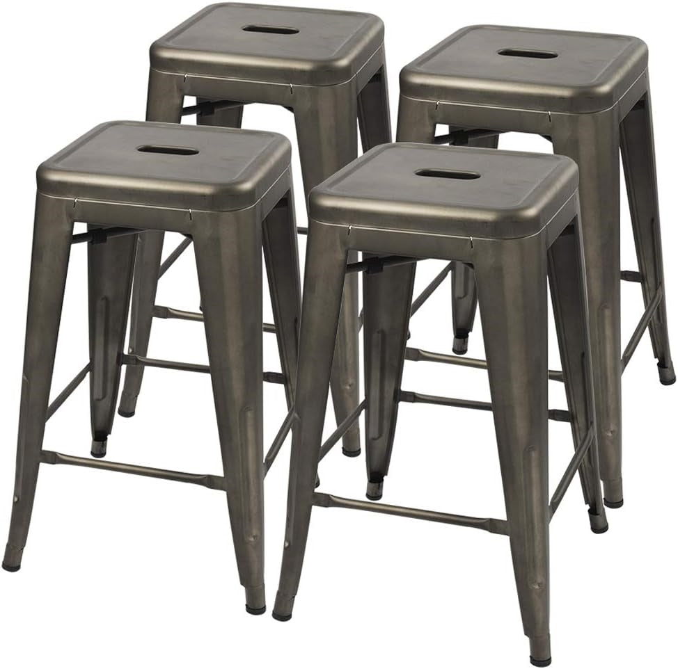 Set of 4 - 24-in. Indoor/Outdoor Backless Stacking Gunmetal Grey Metal Barstools-0