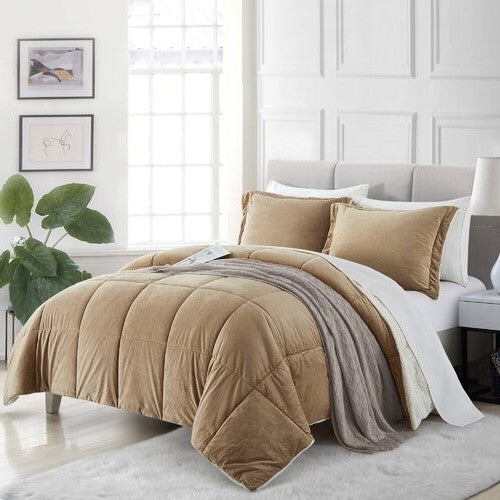 King Plush Microfiber Reversible Comforter Set in Gold-1