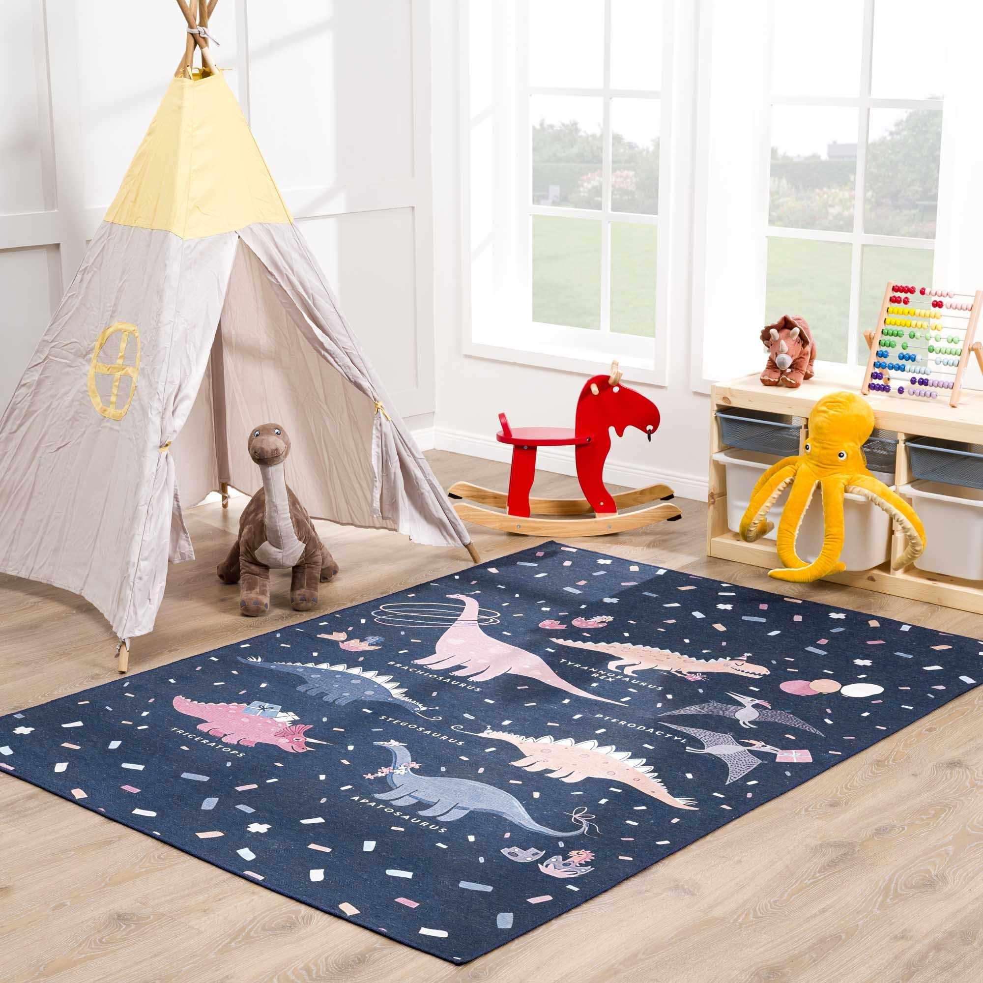 Milne Navy Dinosaur Washable Kids Rug - Clearance-0